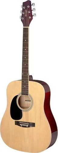 Natural dreadnought acoustic guitar with basswood top, left-handed model