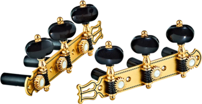 Ortega Guitars OTMPREMIUM Classical Tuning Machines Premium Brushed Brass Lyra-Design with Pearl Inlays and Black Acrylic-Style Buttons Image