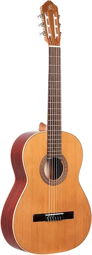 Ortega Guitars R200 Traditional Series Classical 6-String Guitar w/ Free Bag, Made in Spain with Solid North American Cedar Top and Palo-Rojo Body, Gloss Finish