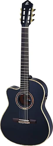 Ortega Guitars RCE138-T4BK-L Feel Series Left Handed Slim Neck Acoustic Electric Thinline Nylon 6-String Guitar w/ Free Bag, Solid Canadian Spruce Top and African Mahogany Body, Black Gloss Finish