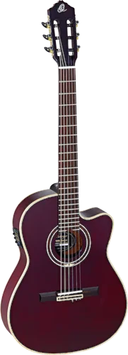 Ortega Guitars RCE138-T4STR Feel Series Slim Neck Acoustic Electric Thinline Nylon 6-String Guitar w/ Free Bag, Solid Canadian Spruce Top and African Mahogany Body, Stained Red Gloss Finish