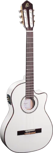 Ortega Guitars RCE145WH Family Series Pro Slim Neck Acoustic Electric Thinline Nylon Classical 6-String Guitar w/ Free Bag, Solid Canadian Engelmann Spruce Top and Mahogany Body, White Gloss Finish