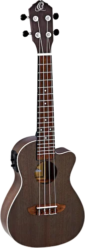 Ortega Guitars RUCOAL-CE Earth Series Concert Ukulele with White ABS Binding Transparent Black Open Pore Finish, with Elect/Cutaway