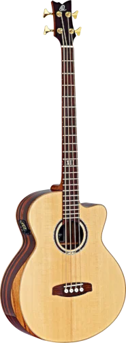 Ortega Guitars STRIPEDSU.ACB Striped Suite Medium Scale 4-String Acoustic Bass w/ Free Bag, Solid Spruce Top and Striped Ebony Body w/ Armrest, Gloss Finish with Built-in Electronics & Tuner, Cutaway