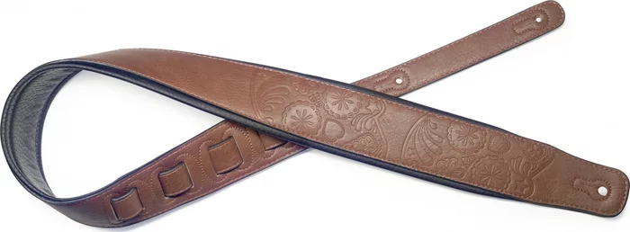 Brown padded leatherette guitar strap with Mexican skull pattern