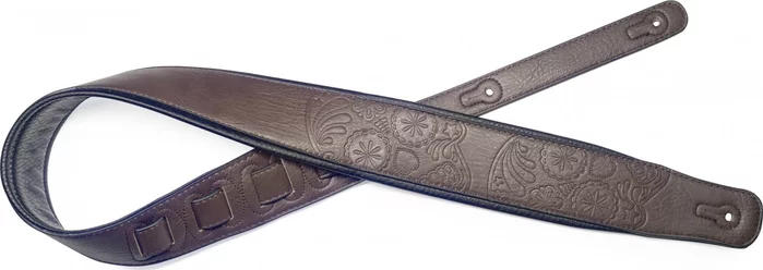Dark brown padded leatherette guitar strap with Mexican skull pattern