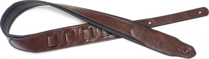 Brown padded leatherette guitar strap with a triangular end