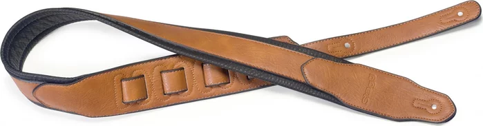 Honey-coloured padded leatherette guitar strap with a triangular end