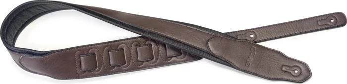 Dark brown padded leatherette guitar strap with a triangular end