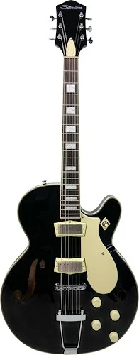 Silvertone Gloss Black Single Cut Semi-Hollow Electric Guitar w/ Trapeze Tailpiece / Custom Era Correct Mini Humbuckers (2)