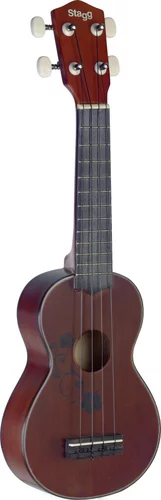 Traditional soprano ukulele with flower design, in black nylon gigbag