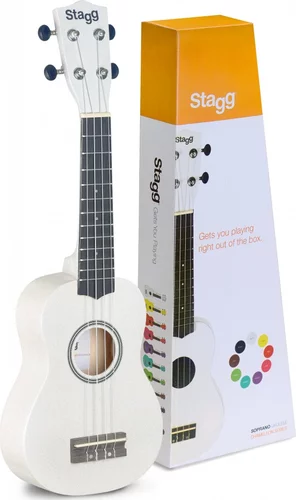 White soprano ukulele with basswood top, in nylon gigbag