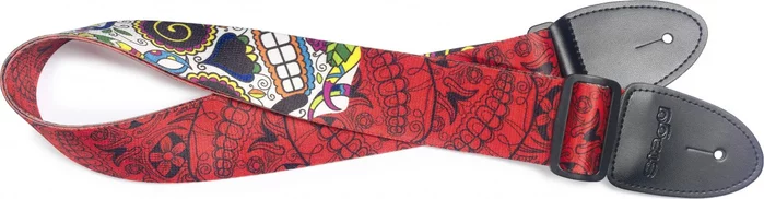 Red terylene guitar strap with big Mexican skull pattern