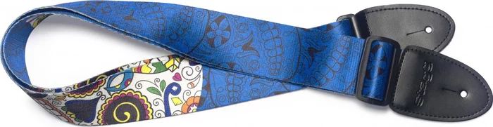 Blue terylene guitar strap with big Mexican skull pattern