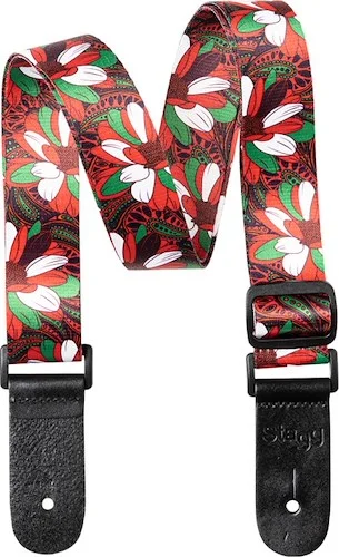 Terylene uke strap with red/green flower pattern