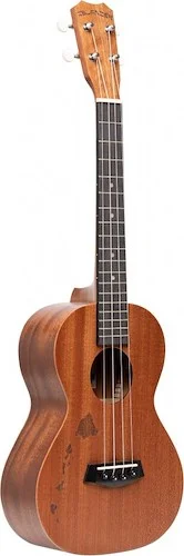 Traditional tenor ukulele with mahogany top and Hawaiian islands engraving
