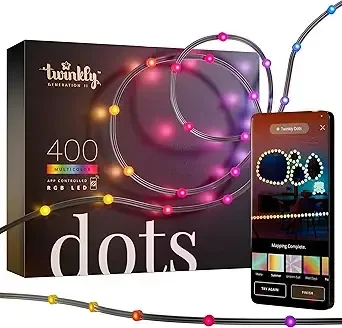 Twinkly Dots String Lights App-Controlled Flexible LED Color Changing String Lights, 400 RGB (16 Mil. Colors). 400 LED / 2x33 Ft Black Wire.
