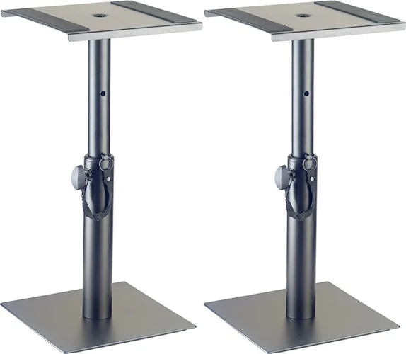 Two height-adjustable monitor or light stands (short)