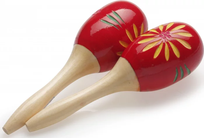 Pair of oval wooden maracas, flower finish, red, 16 cm (6.3")