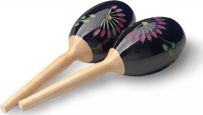 Pair of oval wooden maracas, flower finish, black, 19 cm (7.5")
