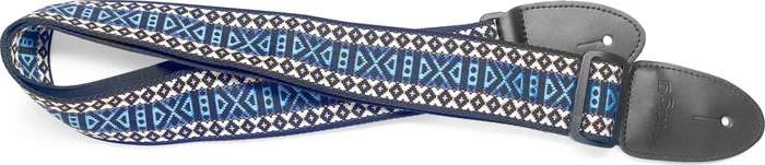 Woven nylon guitar strap with blue Hootenanny pattern