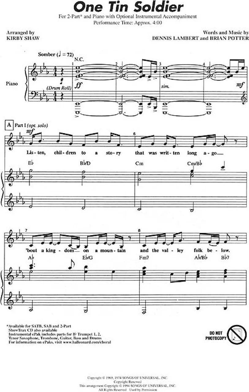 Hal Leonard One Tin Soldier 2part Arranged by Kirby Shaw for sale