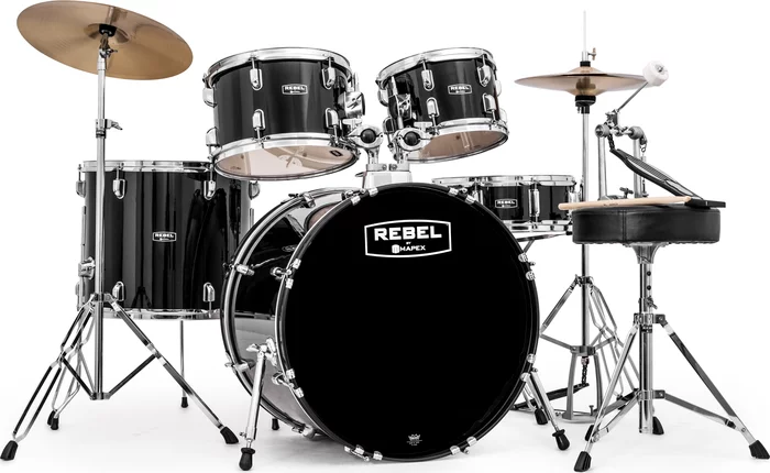 Mapex RB5294FTCDK Rebel 5-Piece Drum Set w/ Hardware & Cymbals - Black w/ 22" Bass Drum